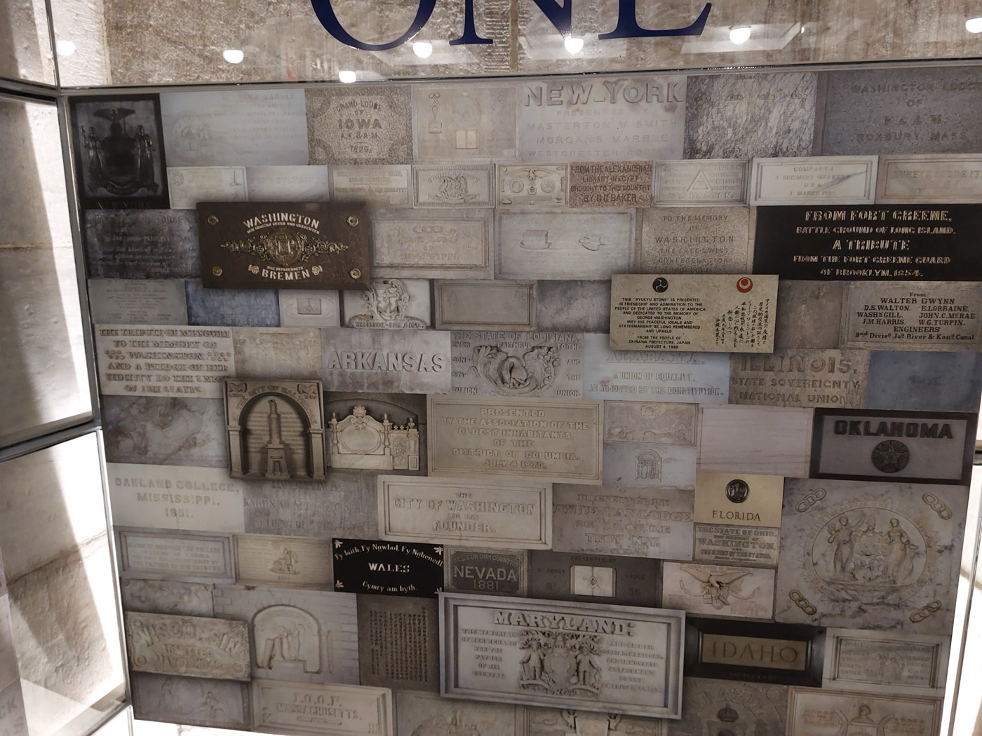 On the wall inside the Washington Monument