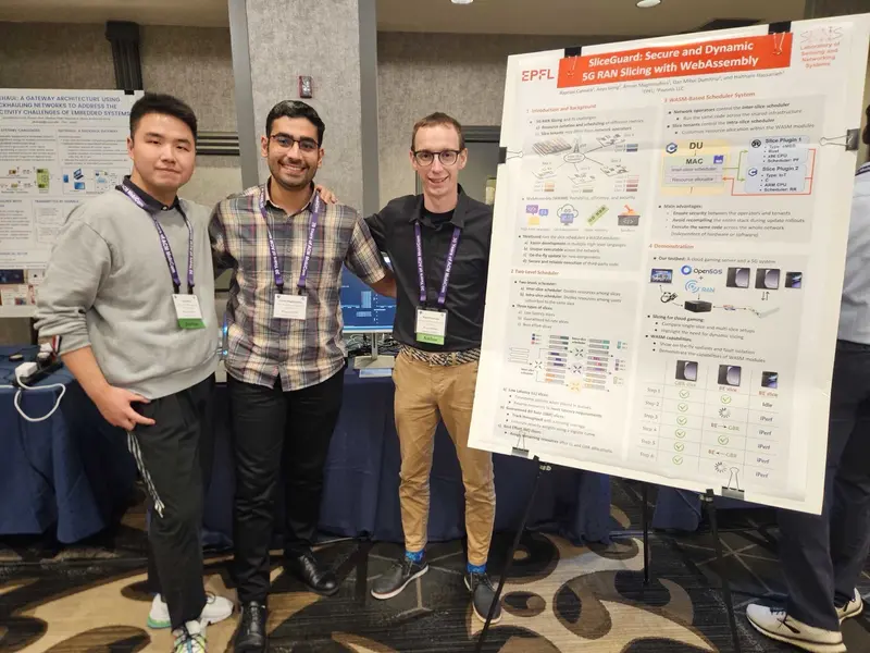 The SliceGuard team next to the demo poster at MobiCom 2024